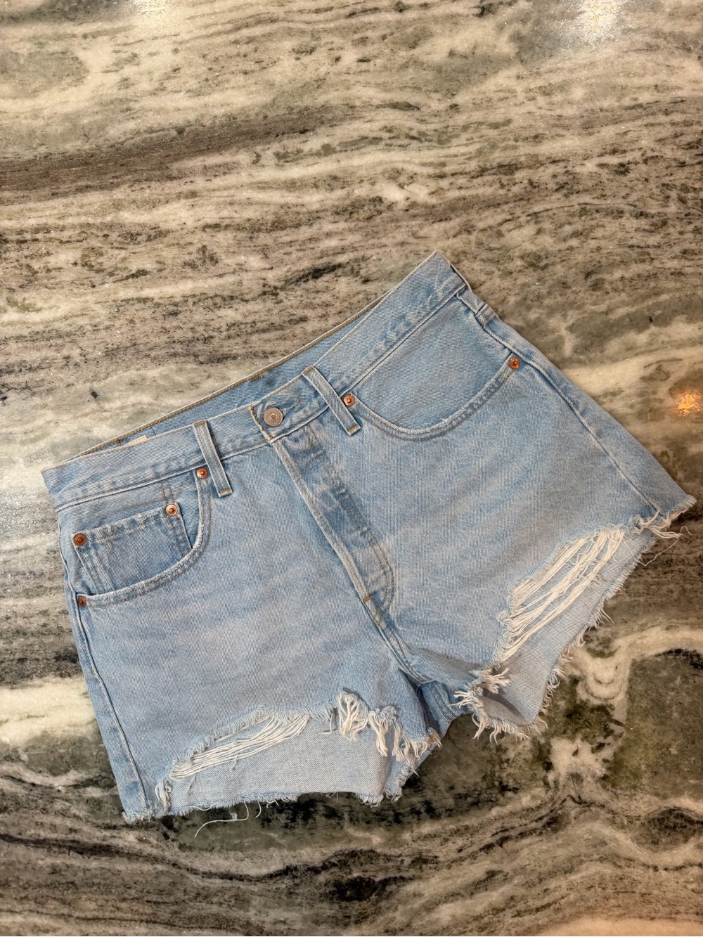 Levi's 501 Light Blue Distressed Denim Jean Shorts